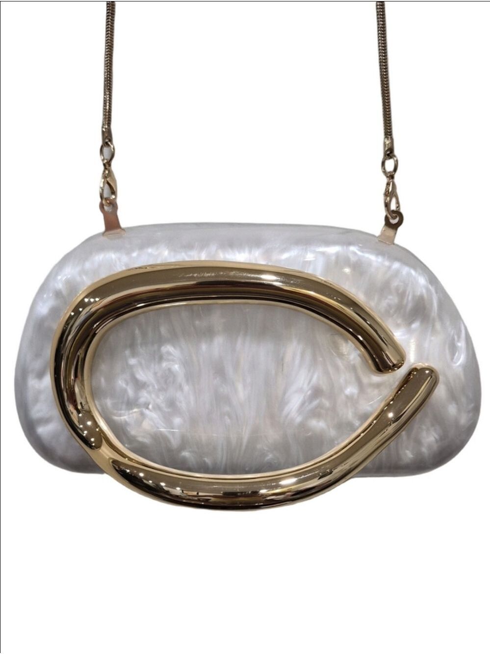 Elegant White Acrylic Marble Box Clutch with Gold Handle & Chain Strap